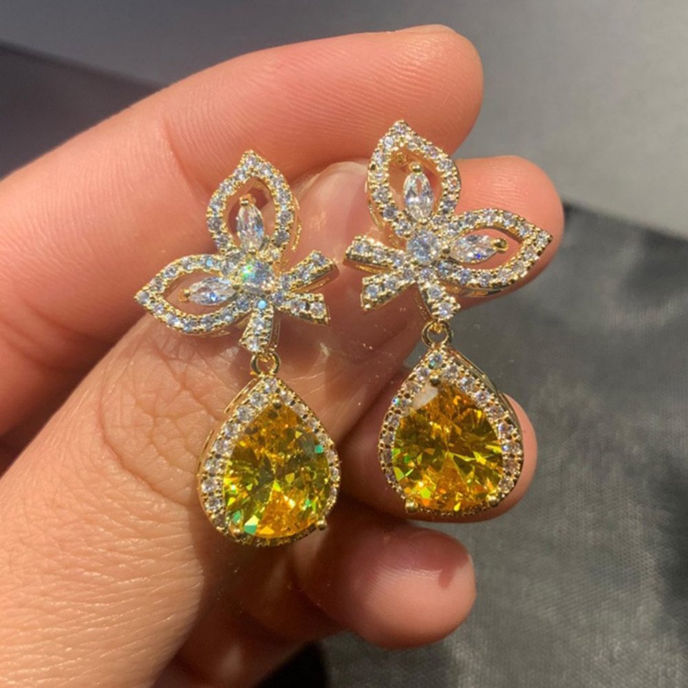 NEW Gold Diamond Butterfly Teardrop Citrine Halo Earrings - Picture 7 of 10
